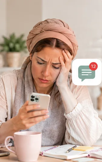 אישה מותשת מול טלפון עם הרבה הודעות