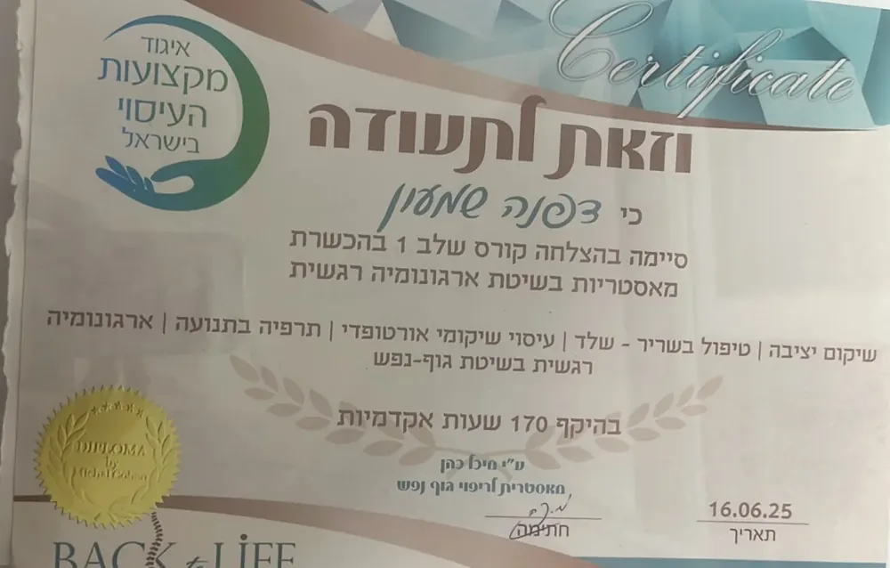 תעודה: מאסטריות בשיטת ארגונומיה רגשית, Back to Life, בית הספר לעיסוי טיפולי · 2025